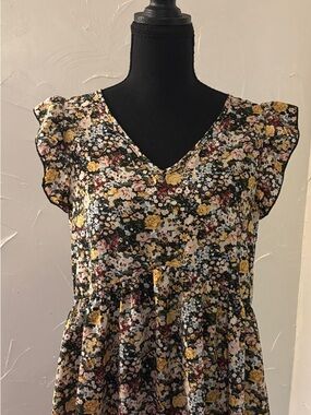 SHEIN Black Floral V-Neck Blouse with Yellow & Pink Blooms